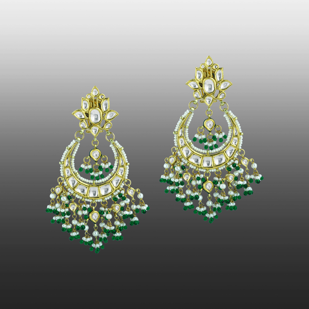 Chandbali Earrings with Polki, Green Beads, and Pearls